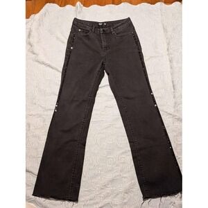 OAT New York Black Straight Leg Jeans Raw Hem Beaded Side Stripe Women's 26
